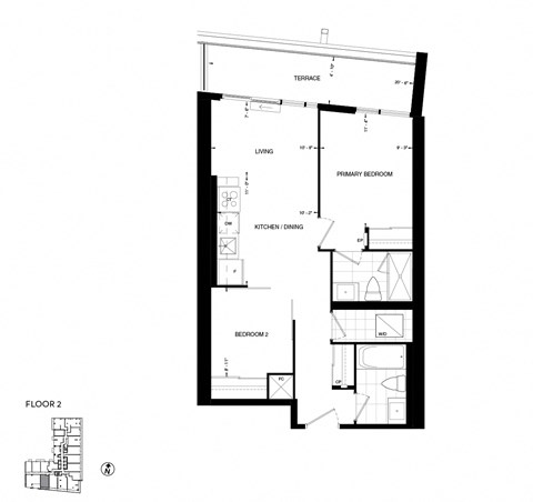 Floor plan for 2 beds, 2 baths, 704 sqft